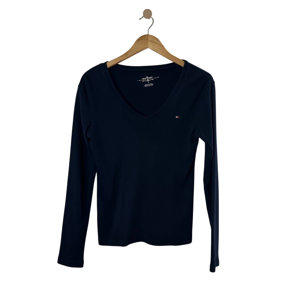 Tommy Hilfiger Womens Navy Blue V-Neck Long Sleeve Ribbed Cotton Tee Shirt M